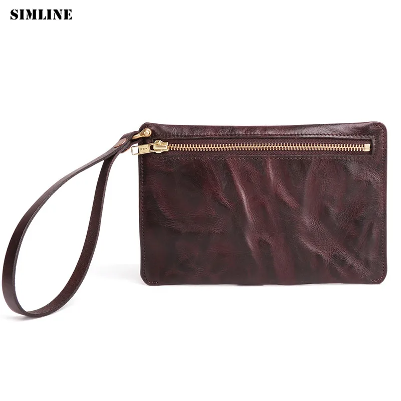 

SIMLINE Genuine Leather Men Wallet Vintage Business Men's Long Design Zipper Clutch Wallets Purse Bag Bags Card Holder For Male