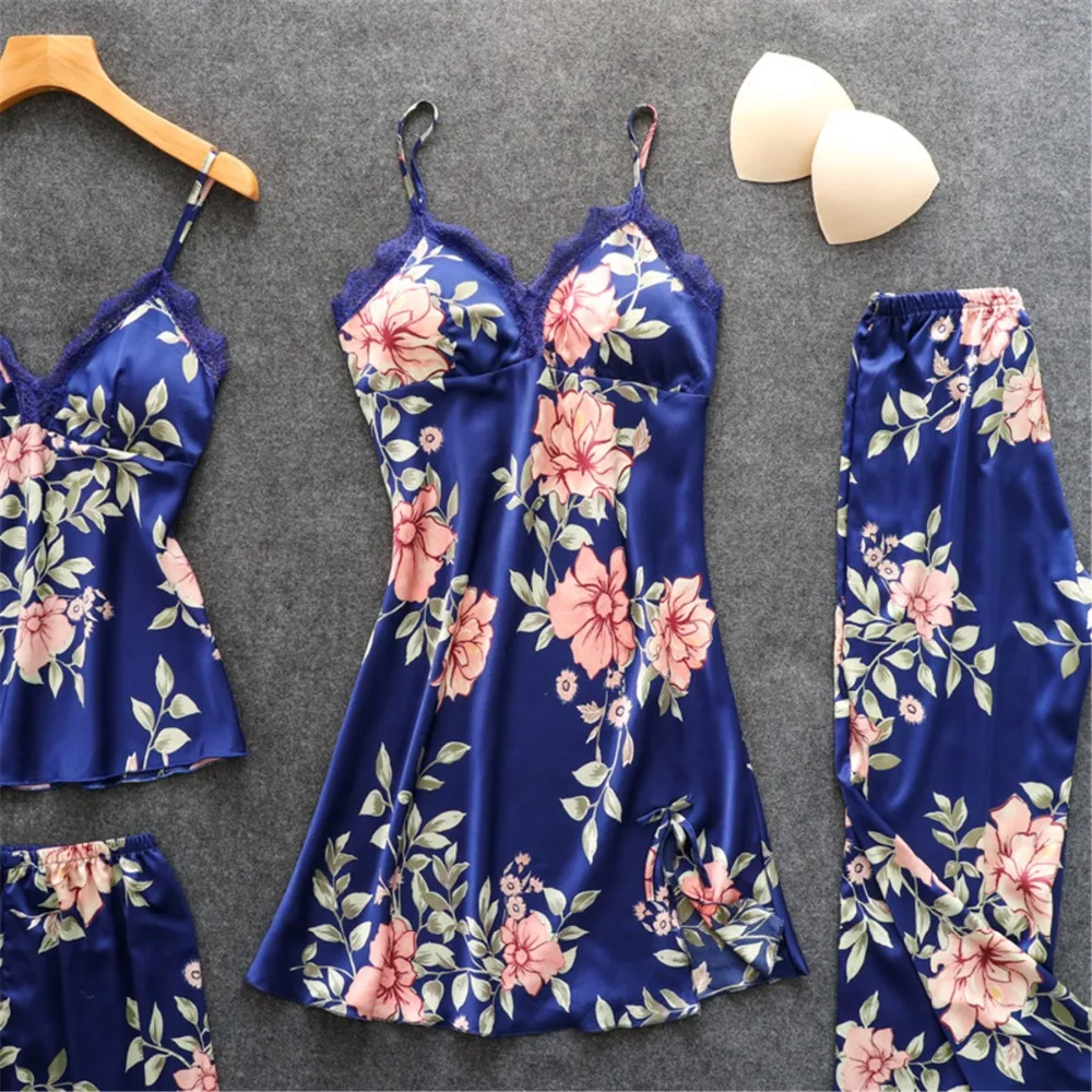 Women's Beautiful Floral Print Silk Pajamas Blue Top