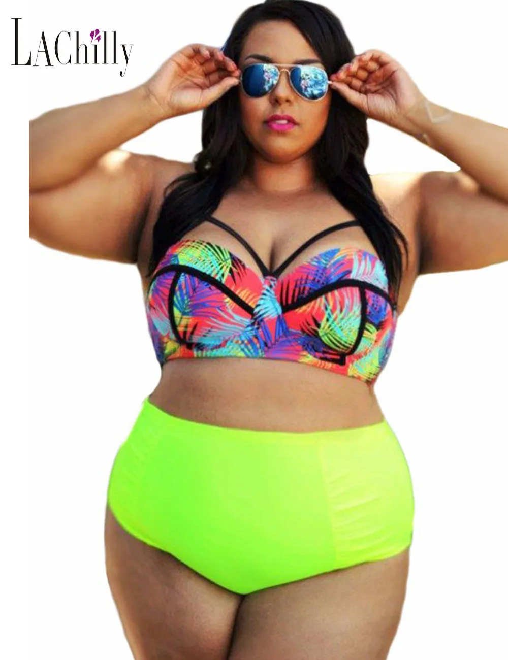 

Large Big Curvy Girl Tropical Style High Waist Bathing Suit Plus Size Two Pieces Bikini Swimsuit for Women 41712