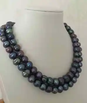 

double strands 10-11mm tahitian black greenbaroque pearl necklace32"