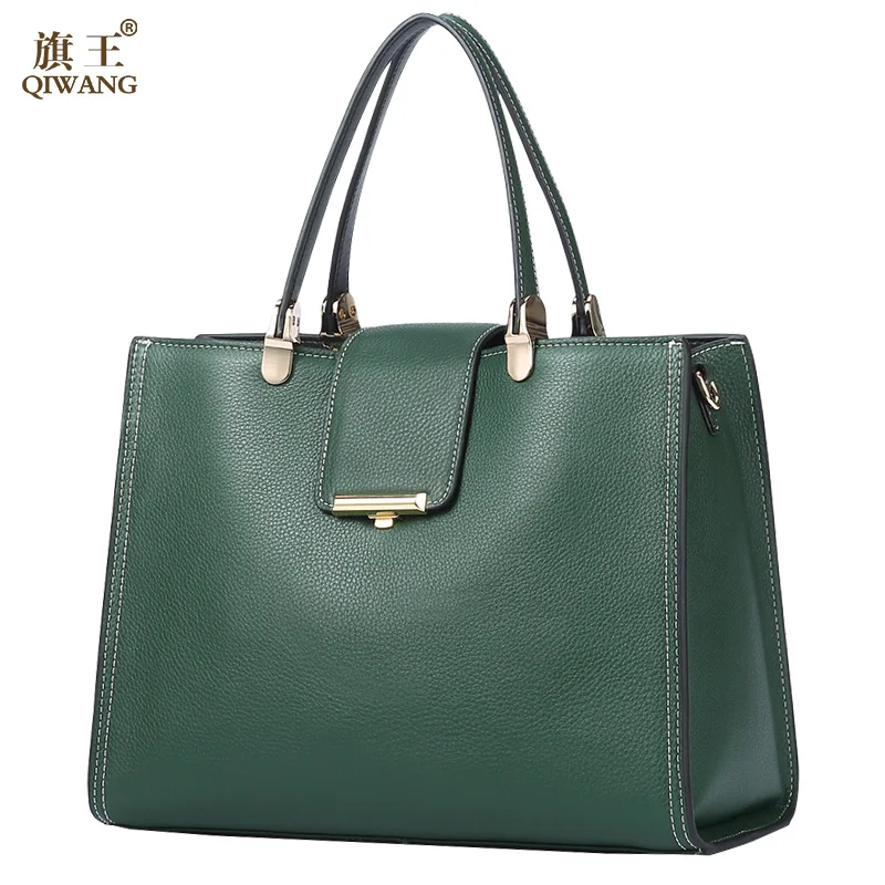 

QIWANG Genuine Leather Green Handbag Women Shoulder Tote Luxury Brand Top-handle Purse Large Summer Crossbody Bags for Women