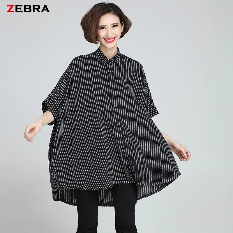 2016 Women Blouse Big Size Striped Print Summer Coat Fashion Casual Loose Female Batwing Tops Black Chiffon Shirts 5XL Clothing |