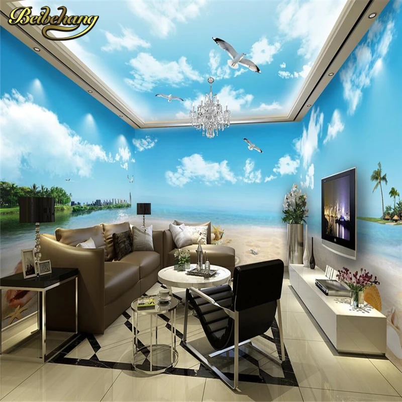 Beibehang Blauen Himmel Weisse Wolken Romantische Strand Thema Raum