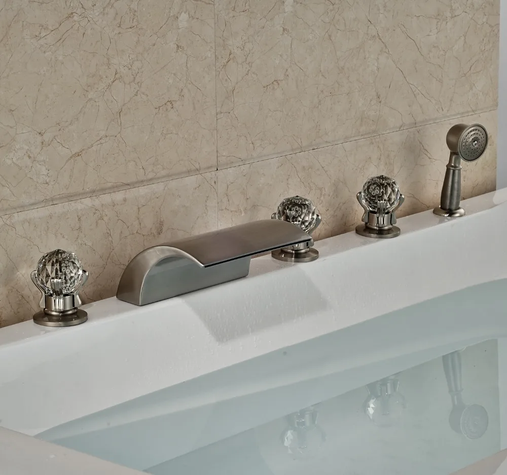 

Deck Mounted Shower Faucet 5pcs Widespread Bathtub Faucet With Three Handles Brushed Nickel