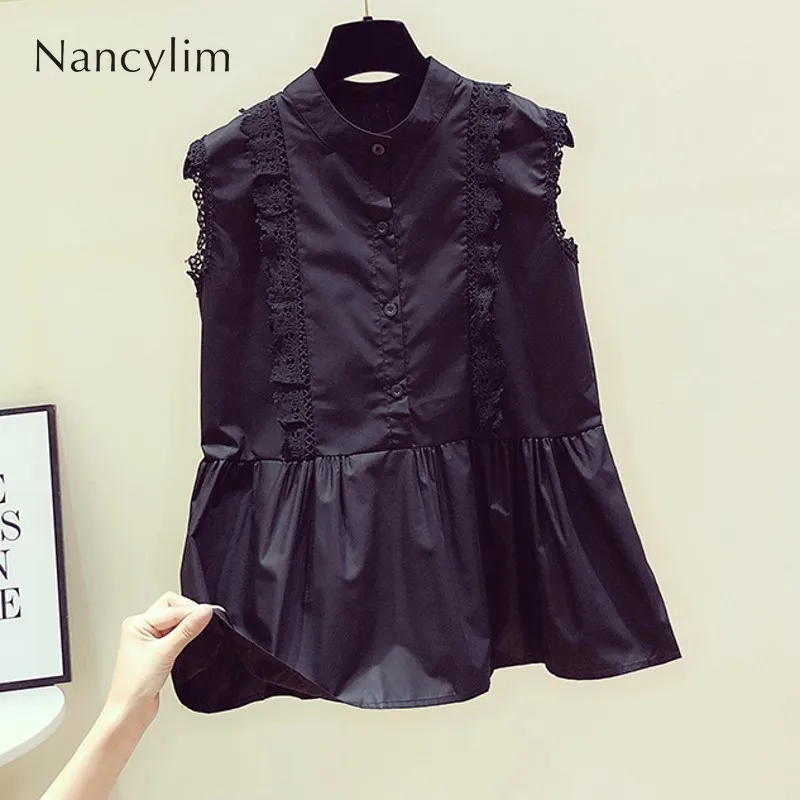 

Summer Sleeveless Shirt Women Temperament Lace Stitching Round Collar Doll Blouse Female Lady's White / Black Shirts Blusas Tops