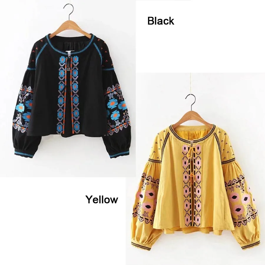 BOHO blouse 2017 cotton floral embroidered blouses tassel long lantern sleeve loose Casual hippie women tops blouse and shirt