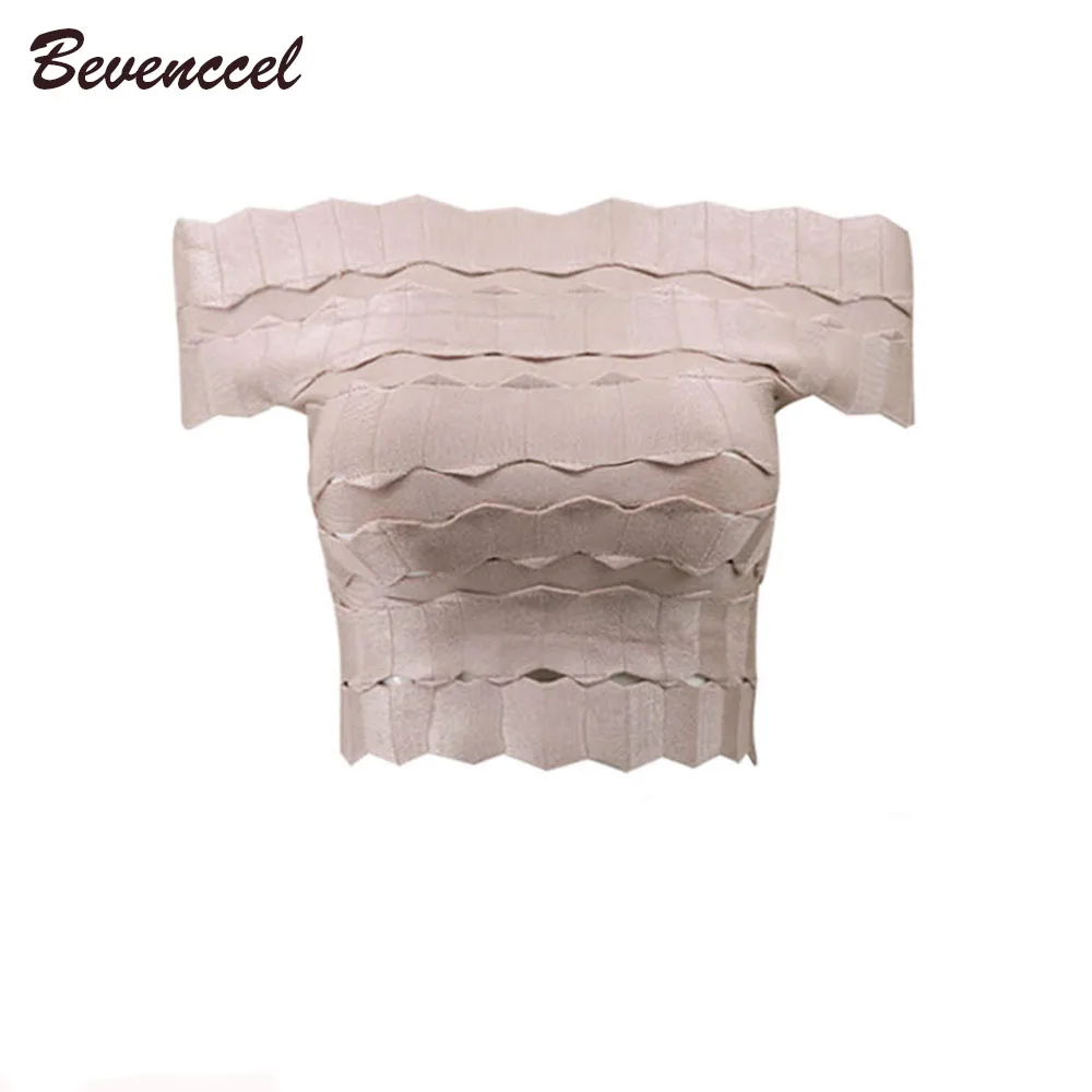 

Women Sexy 2019 New Beige Slash Neck Off Shoulder Women Chic Jacquard Celebrity Bandage Party Crop Tops