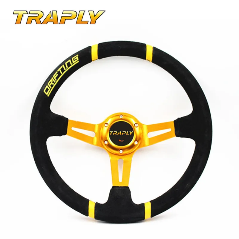 New 350mm Universal OMP Black Leather Yellow Stitching Deep Dish Steering Wheel