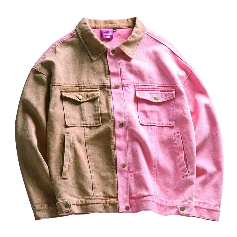 

MORUANCLE Men's Fashion Hi Street Patched Jean Jackets Khaki Pink Patchwork Denim Trucker Jacket And Coat For Man Outerwear