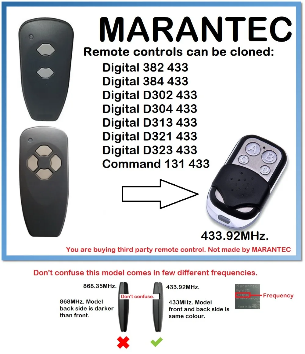 

Marantec Digital D382, D384 433 Universal Remote Control Duplicator 433.92MHz(only for 433.92mhz fixed code)