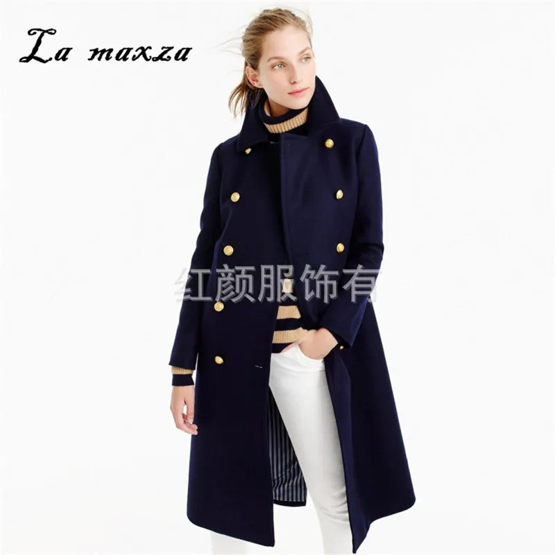 Зимнее женское длинное шерстяное пальто теплое корейское стильное офисное модное уличная синее пальто оверсайз