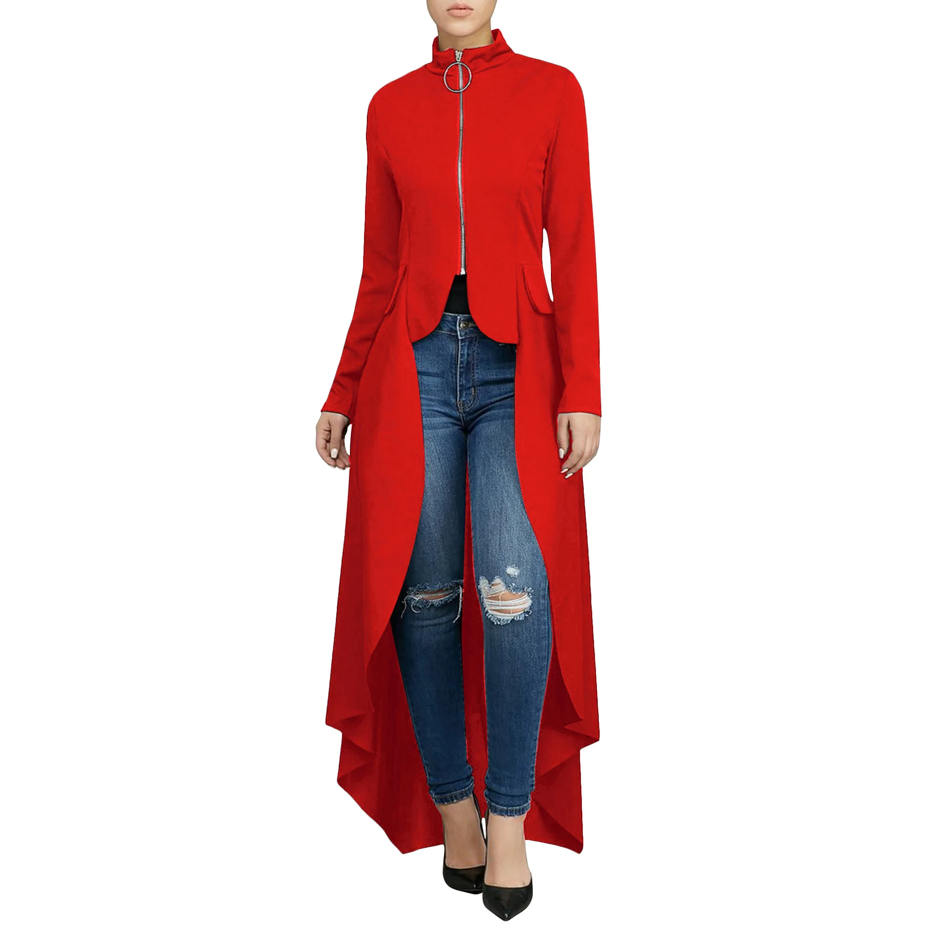  Spring Clothing High Street Long Sleeve Stand Neck Long Dress Women Zipper Cardigan Loose Irregular