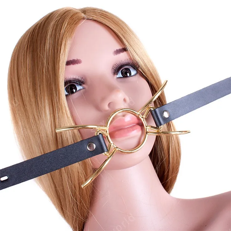 

Hot Sale Gold Color Metal O Ring Mouth Gag ,PU Leather Restraint Butterfly Blowjob Spider Mouth Gag Flail Adults Games