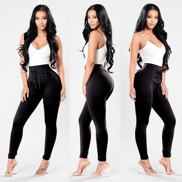 

ZJFZML New arrive best quality 2017 bodycon trouser women black cross lace up full length pant sexy high waist pancil pant