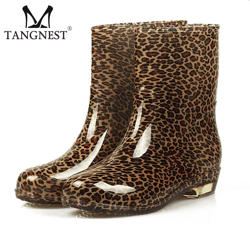 

Tangnest 2019 New Mid-Calf Rain Boots Women Leopard Waterproof Flat Shoes Platform Slip On Creepers Lady Daily Footwear XWX7268