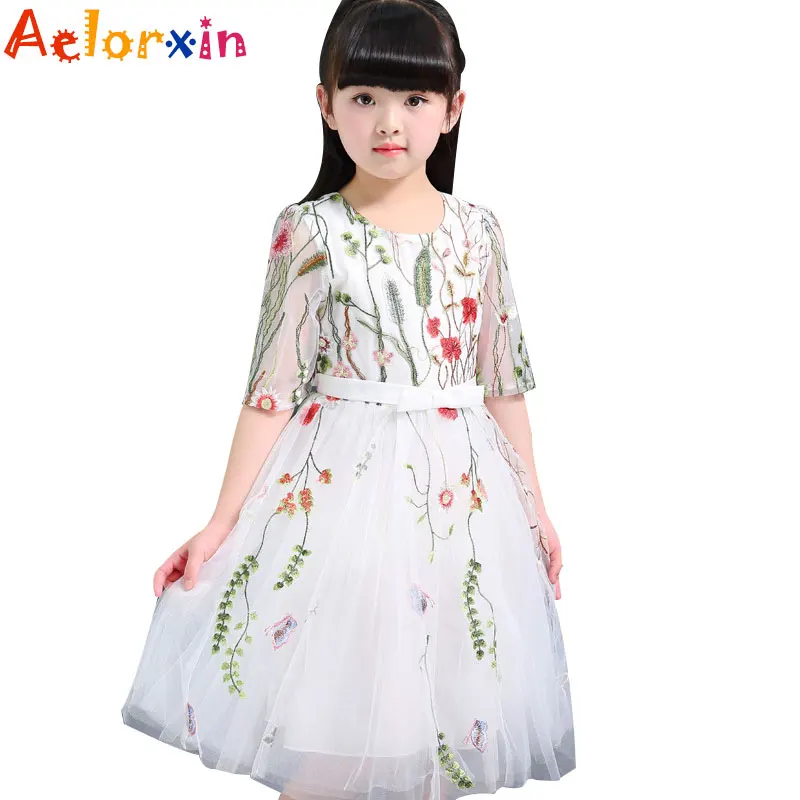 

Kids Party Dress for Girls 2017 Flower Embroidery Wedding Dress Ball Gowns Lace Girls Clothing Voile Dresses for Girls Sundress