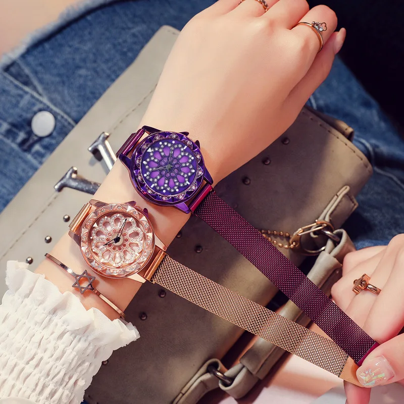 

Women Lucky Watch 2019 Luxury Diamond Flower Rotating Dial Watch Fashion Ladies Crystal Quartz Magnetic Wristwatches reloj mujer