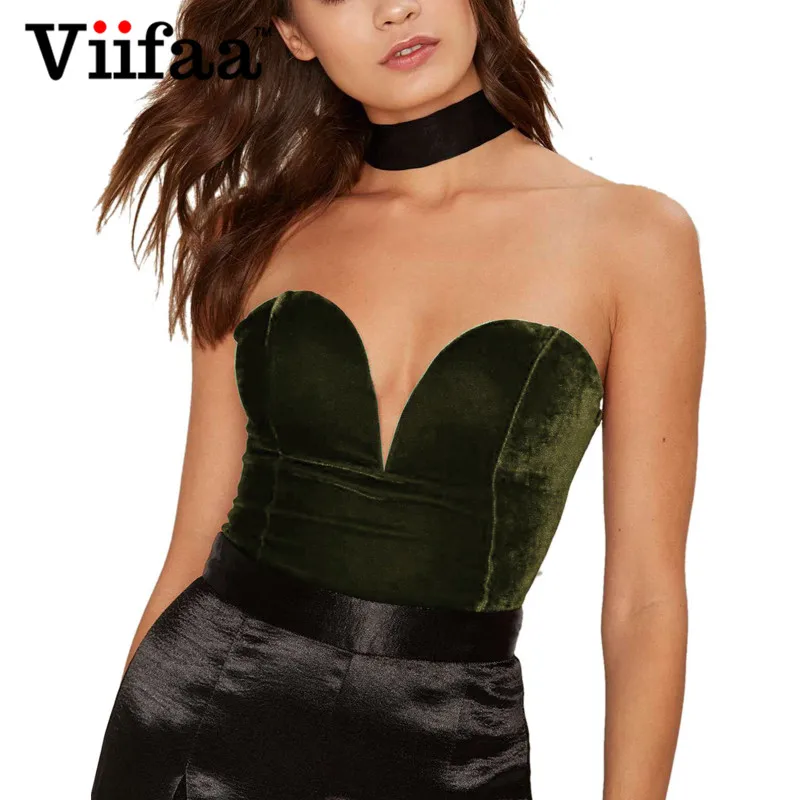 Viifaa Green Backless Sexy Velvet Bodysuit Women Lace Up Elegant Night Out Clubwear Off Shoulder Party V Neck Streetwear Bodys
