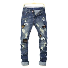 The New Dark blue Men jeans Patch Personality male pants Hole Patch Badge Embroidery Mens trousers jeans masculina
