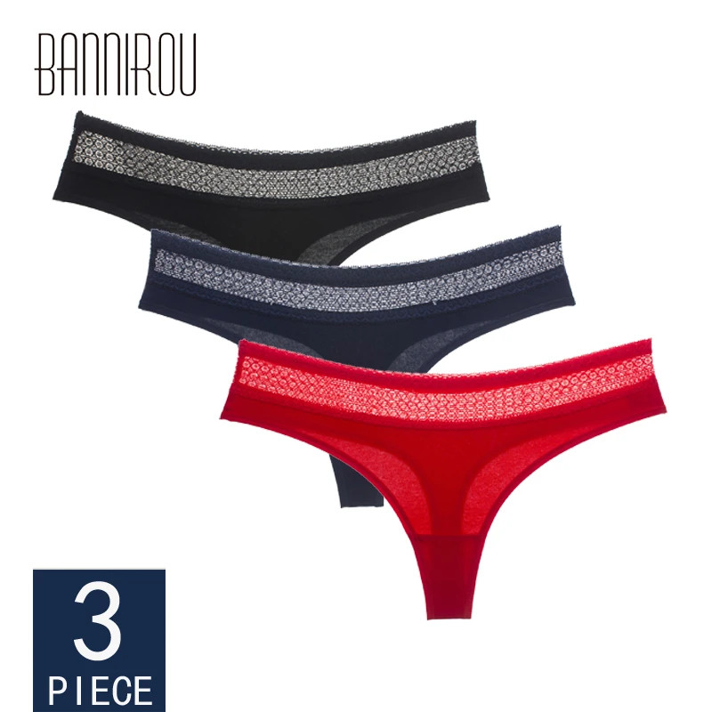 

3 Pieces Sexy Lace Woman Underwear Panty Cotton Female T-back Solid Soft Lace G-string Thong For Woman Seamless Cotton BANNIROU