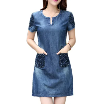 

new 2019 summer fashion elegant denim dress hot sale casual loose jean dress lady plus size slim short sleeve clothing