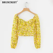 Boho элегантная Цветочная блузка женские топы летние винтажные квадратные Воротник Желтые Женские рубашки Корейская одежда уличная blusas