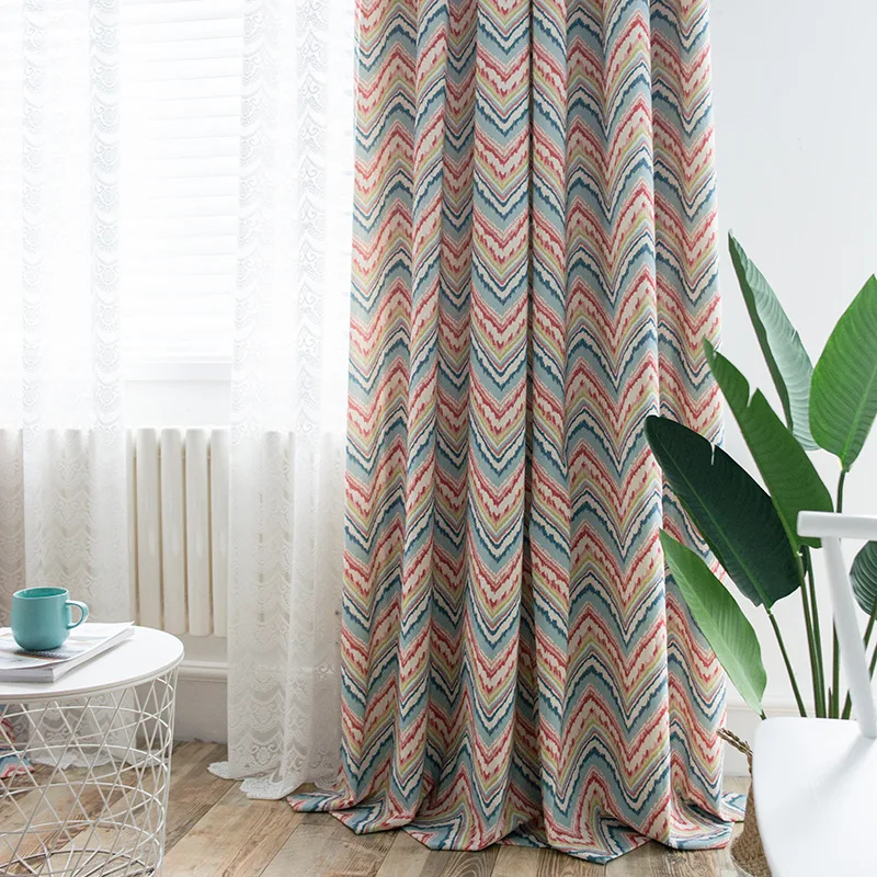

Cotton Polyester Printed Colorful Stripe Window Curtain for Living Room Creative Wave Simple Geometric Curtain Kitchen Custom