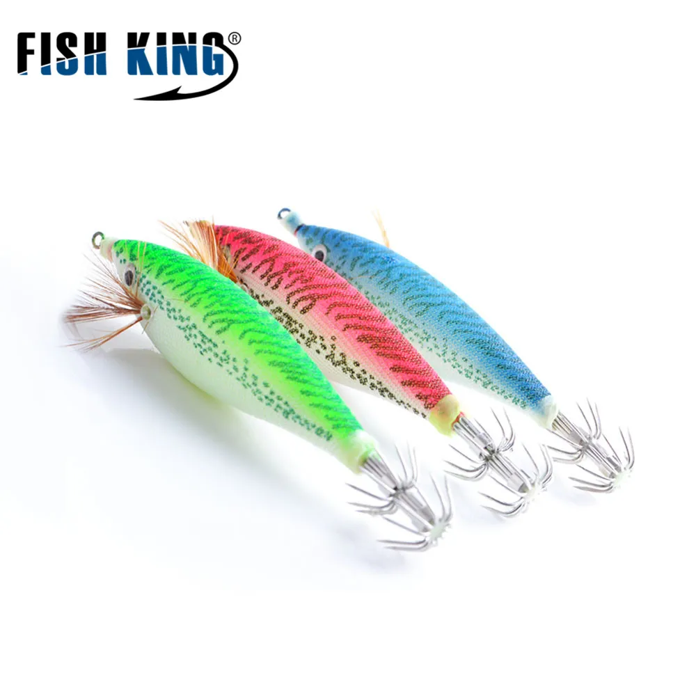 

FISH KING 5pcs/lot Luminous Wood Shrimp Sea Fishing Lure 11cm Squid jigs Fishing Hard Artificial Bait Squid Hook Fishing Rig