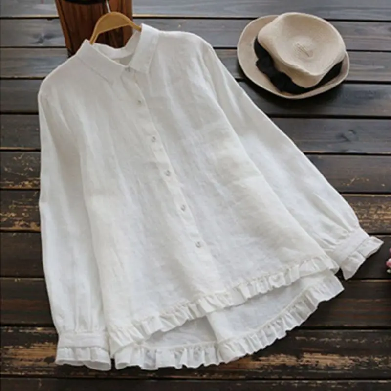 ZANZEA, элегантные офисные топы, весенние модные свободные рубашки с оборками, Женские повседневные Однотонные блузки с отворотом и длинным рукавом из хлопка и льна - Цвет: Off White