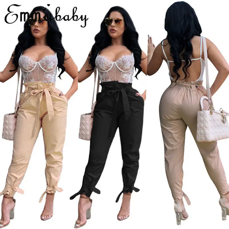 

Women OL chiffon high waist harem pants bow tie drawstring sweet elastic waist pockets casual trousers pantalones 3 Color