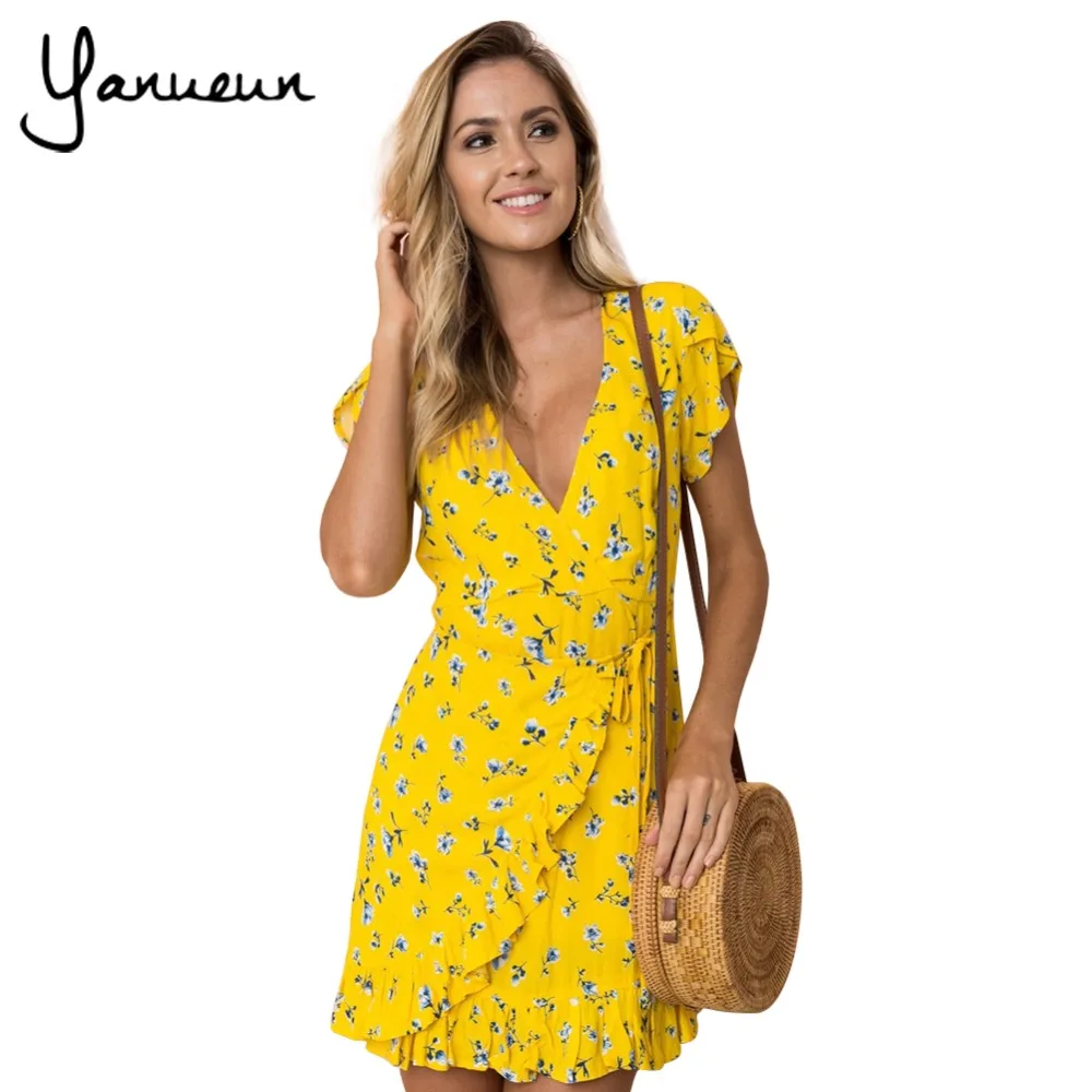 Yanueun Summer Fashion Women Floral Printed Ruffles Dress Short Sleeve