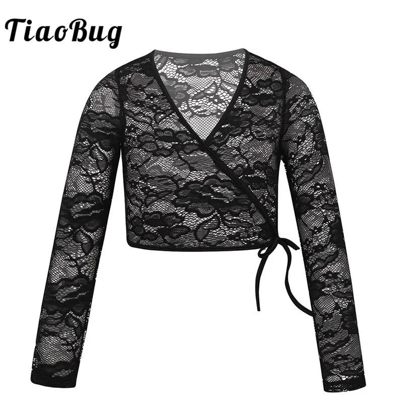 

TiaoBug Kids Teens Floral Lace Long Sleeve V-Neck Dance Wrap Top Jacket Elegant Girls Ballet Cover-up Tops Children Dance Wear