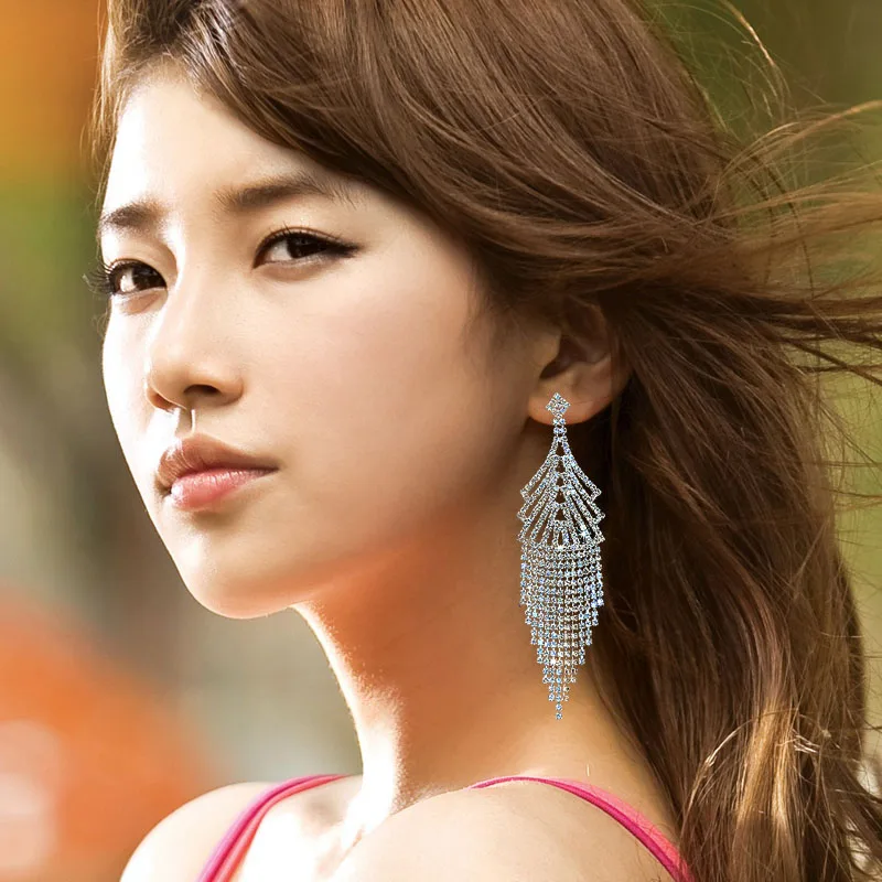 CHRAN Sparkling Wedding Jewelry Rhinestone Dangle Drop Earrings for Women Silver Plated Exaggerated Tassel Long Earrings Crystal