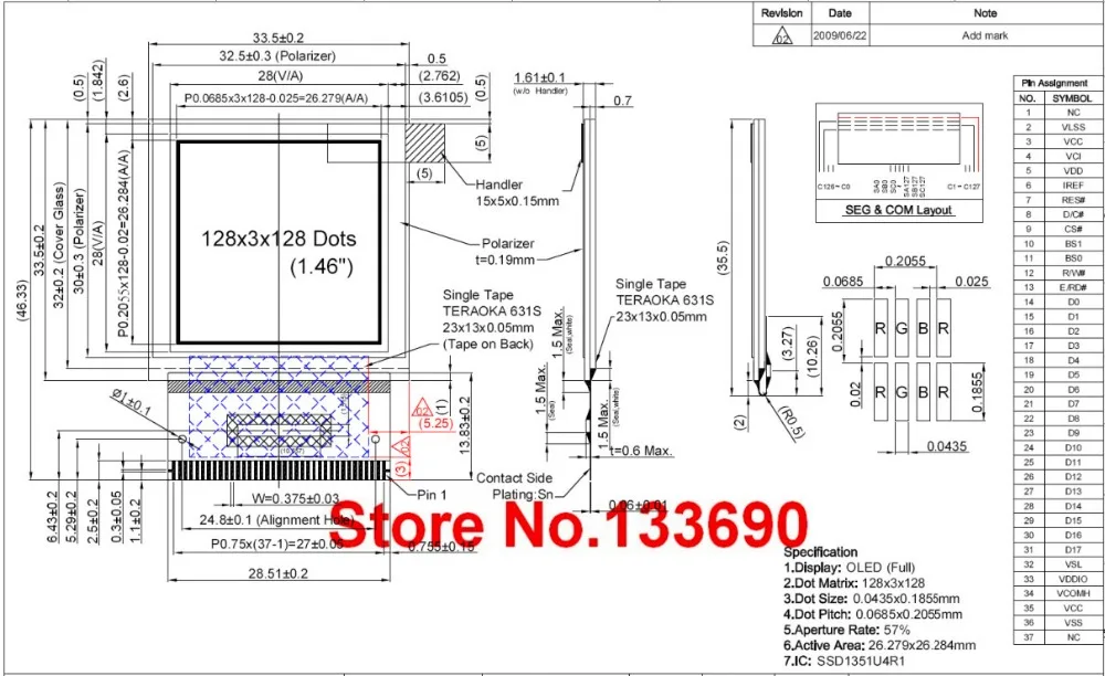 1,46 дюймовый P23903 полноцветный OLED дисплей 128*128 128x128 пикселей SPI IIC igc параллельный интерфейс SSD1351 контроллер 37PIN XJ777