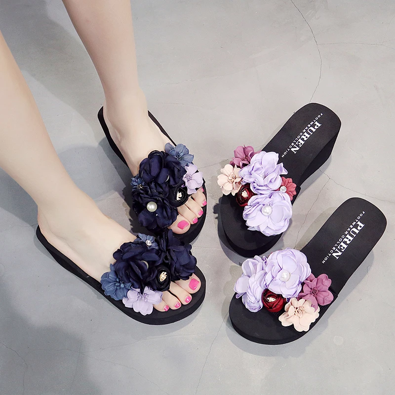 

HEFLASHOR 2019 Fashion Bohemian Floral Beading Flower Platform Wedges Flat Beach Slippers Women Summer Non-Slip Shoes Sandals