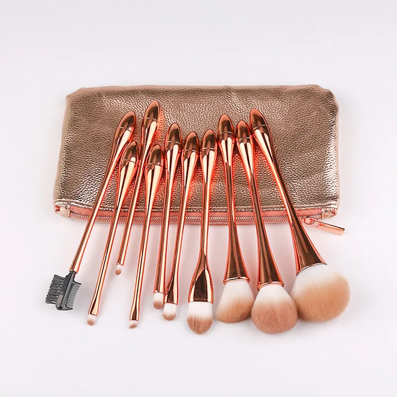rose gold with bag Бренд Zoreya, 10 шт., розовое золото, роскошные кисти для макияжа, набор, высокое качество, синтетические волосы, большая пудра, угловая кисть для бровей, тени для век, набор кистей - Handle Color: rose gold with bag