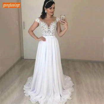 

Elegant Boho Beach White Wedding Dresses Long Sexy Chiffon Lace Appliqued Wedding Gowns A Line luscious Bridal Dress Customized