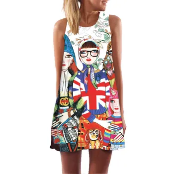 

Women Vintage Boho Summer Sleeveless Beach Printed Short Mini Dress Large Size 2019 New Arrival Summer Dress Loose Vintage
