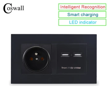 

COSWALL Black Wall Socket 16A French Standard Power Outlet With Dual USB Charger Port For Mobile 5V 2100mA Output PC Panel