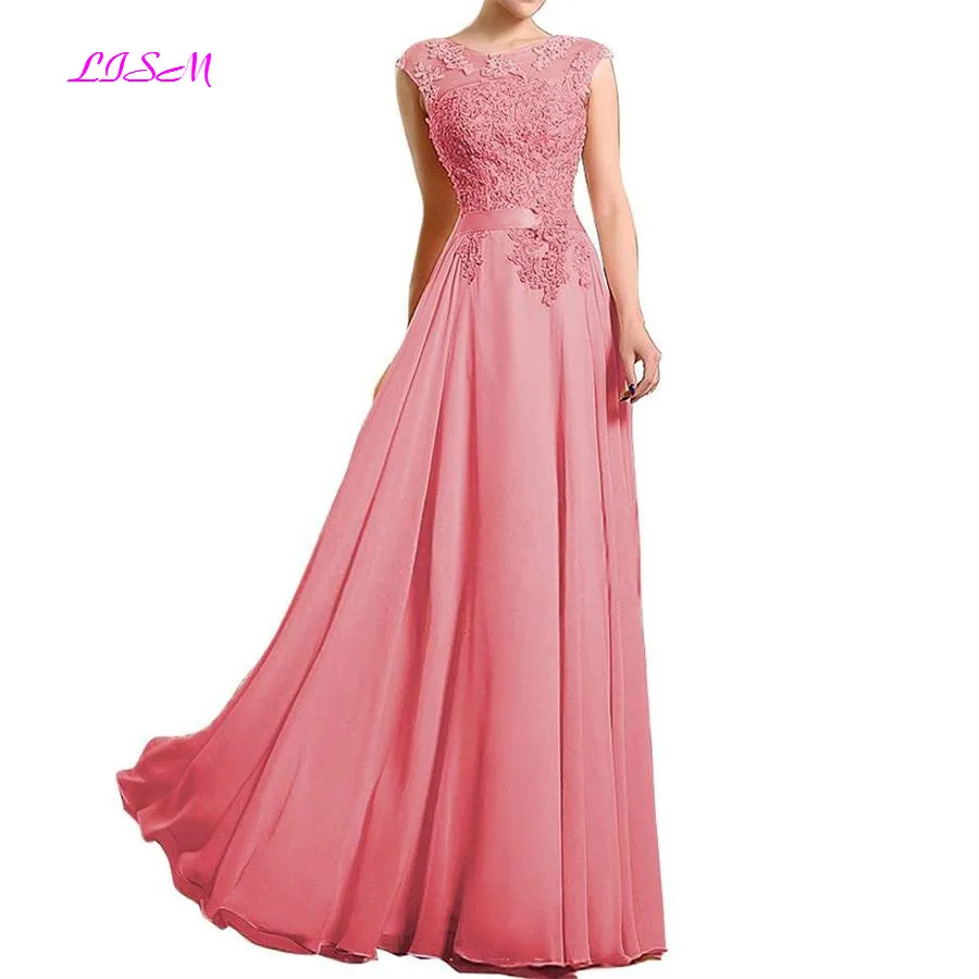 O-Neck Cap Sleeves Appliques Chiffon Evening Dresses A-Line Sleeveless Long Prom Party Dress Empire Floor Length Formal Gowns