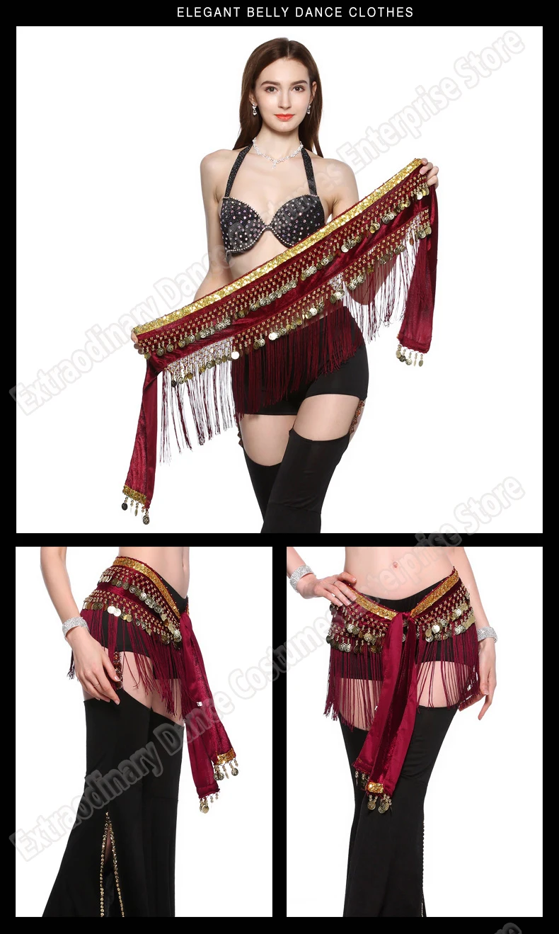 Женский пояс для танца живота с монетами, племенная одежда, цыганский хип-шарф, аксессуары для костюма с кисточками, цепочка на талию, шарф с бахромой, 4 цвета