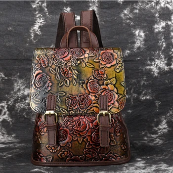 Genuine Leather Women Embossed Backpack Daypack First Layer Cowhide Rose Pattern Girls Knapsack School Bags Leisure Rucksack New niuboa top quality cowhide first layer knapsack male computer preppy school bag vintage genuine leather rucksack men backpack