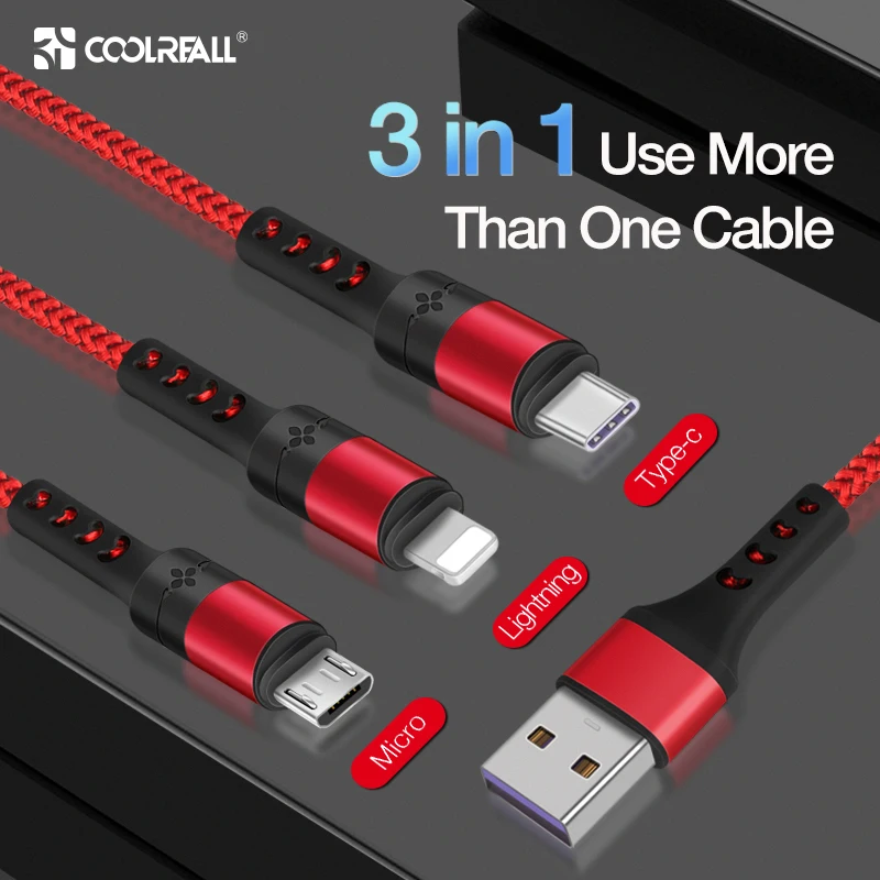 Coolreall 3 в 1 USB кабель для iPhone XR XS MAX X 8 7 6 Микро зарядный кабель Зарядное устройство usb type c кабель зарядное устройство для мобильного телефона шнур