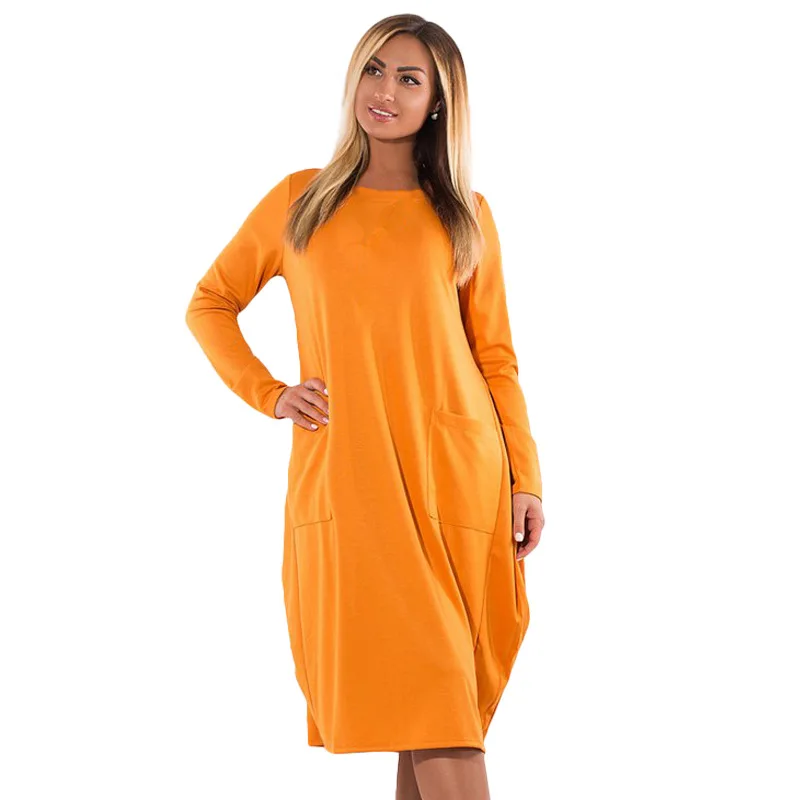 

2018 Hot New Wome Dress Autumn Vestidos Knee Length Pockets Oversize Big Size 6XL Casual Solid Color Straight Full Sleeve Dress