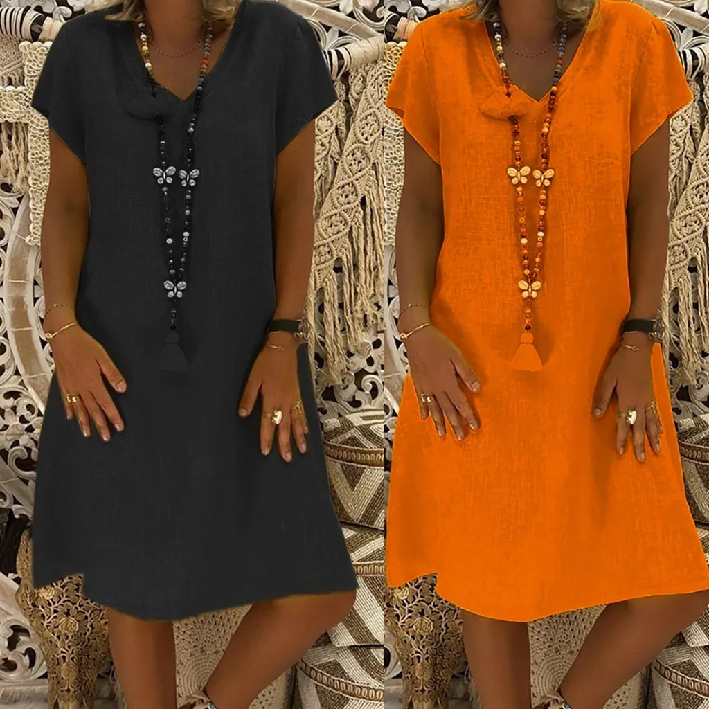 JAYCOSIN Spring New Casual V-Neck Cotton and Linen Dress Women Summer Style Cotton Casual Plus Size Ladies Dress 2020