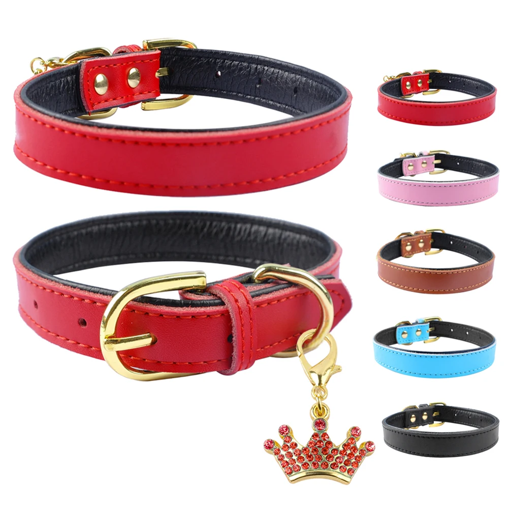 

Padded Leather Dog Collar Soft Puppy Small Pet Collars With Cute Crown Pendant XS S M Pink Red Black Blue