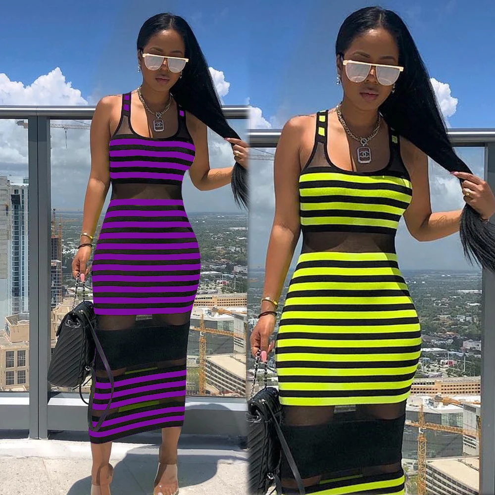 

Sexy See Through Dress Club Bodycon Purple Striped Women Long Plus Size Tunic Mesh Dresses Sleeveless Package Hip Summer Clothes