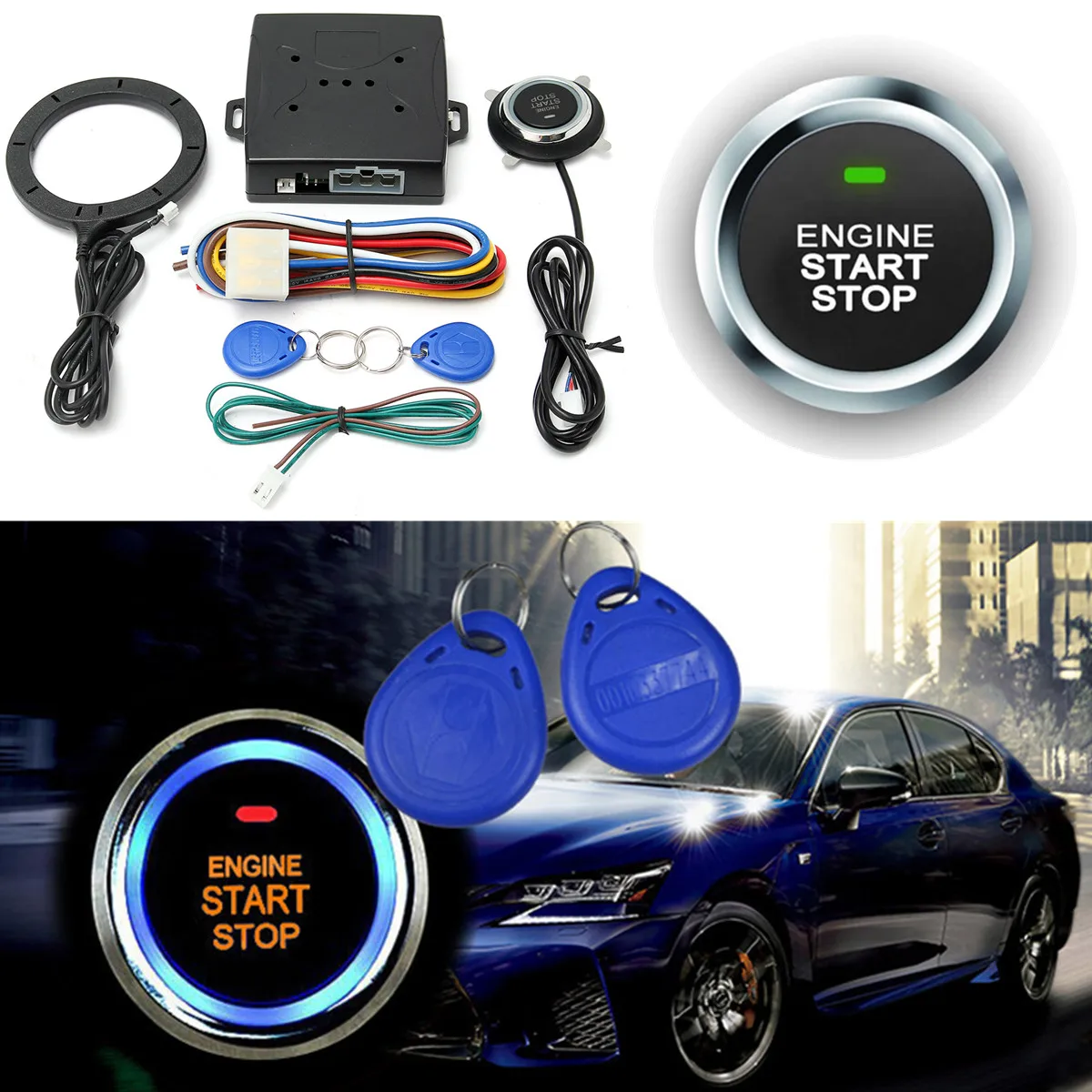 

12V Car Engine Push Start Button Remote Control RFID Lock Ignition Starter Kit Hnad Brake Testing Interface Alarm Keyless Entry