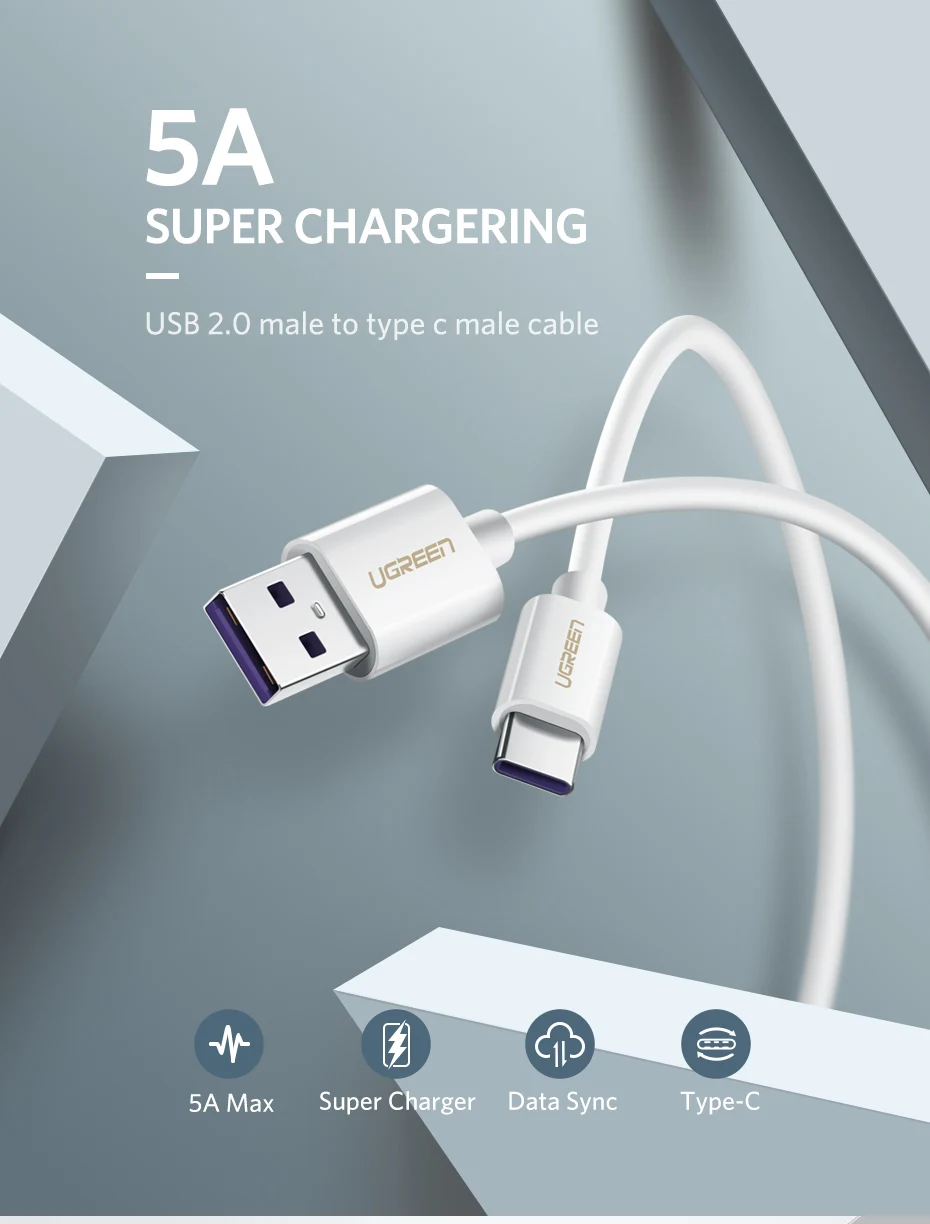 Ugreen 5A usb type-C кабель USB 3,1 быстрое зарядное устройство type-C Серебряный суперзарядный кабель для huawei P10 P20 Pro mate 10 USB C шнур