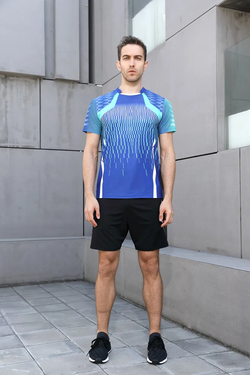 Высокое качество синий Для мужчин s Running спорта на открытом воздухе Фитнес тренажерный зал быстросохнущая комфорт дышащий бадминтон рубашка, Для мужчин Настольный теннис футболки